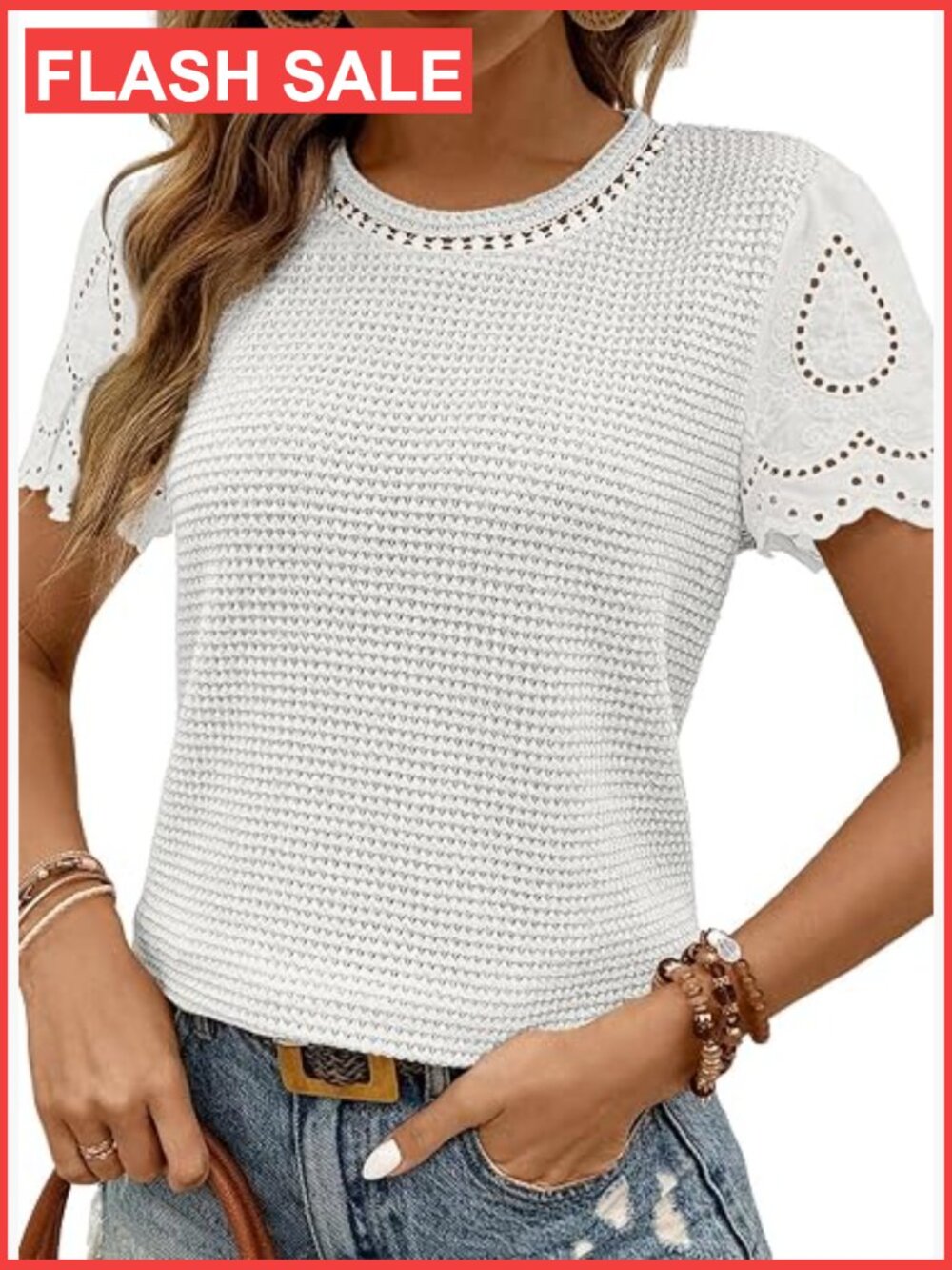 Womens Frenchy Summer Tops Casual Waffle Knit Jacquard T Shirt